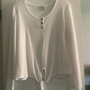 Paper Crane Thermal Henley Knot Top. 3 wooden buttons on chest and knot tie.